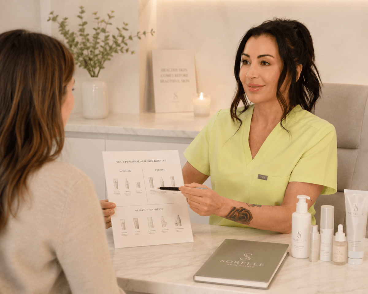 Skincare professional discussing a personalised routine with a client in a calm clinic setting.
